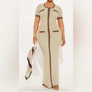 Cream Crochet Maxi Dress with Brown Accents